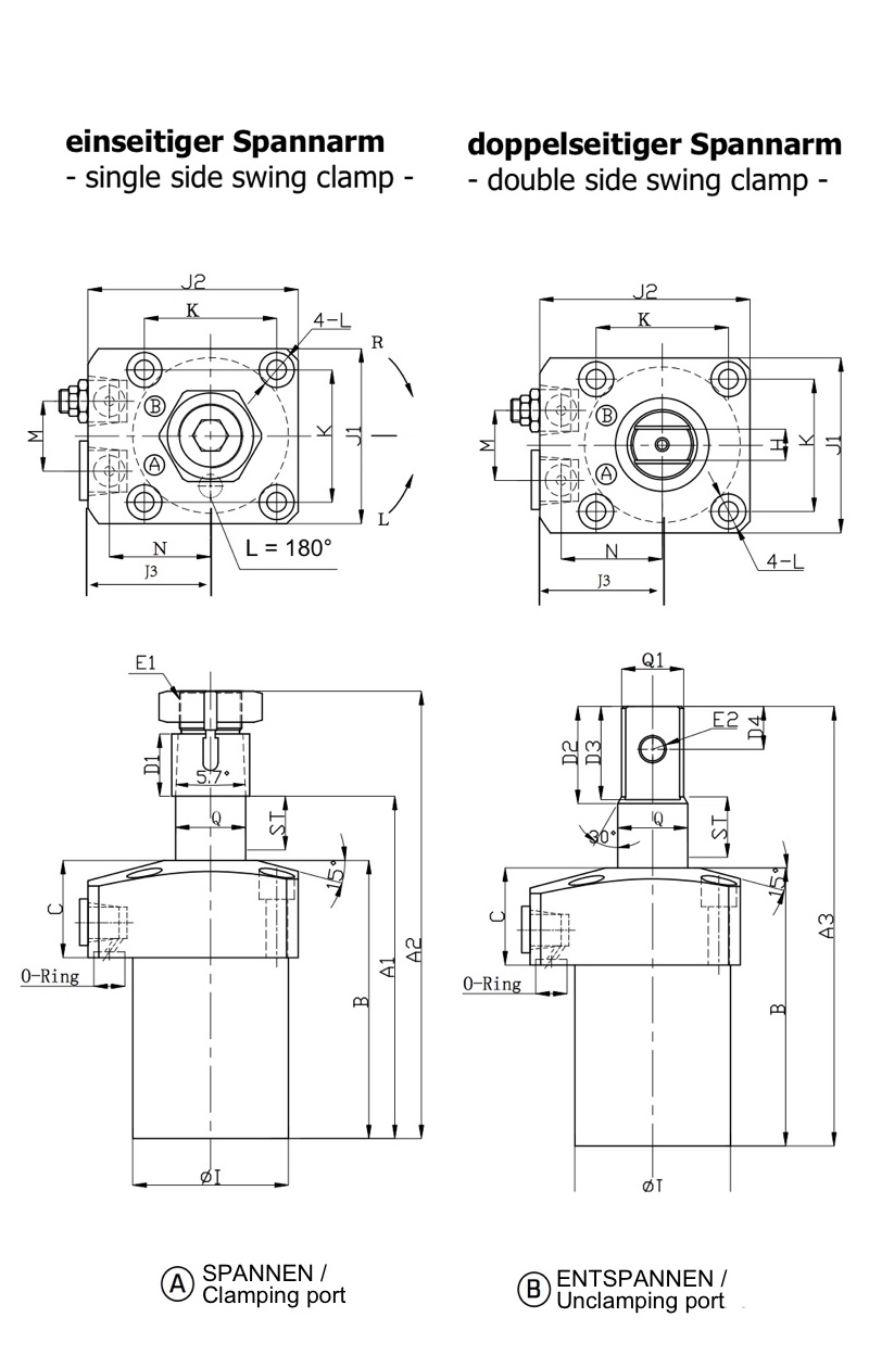 HCA Hydraulic Swing Clamp Technical drawing and dimensions
