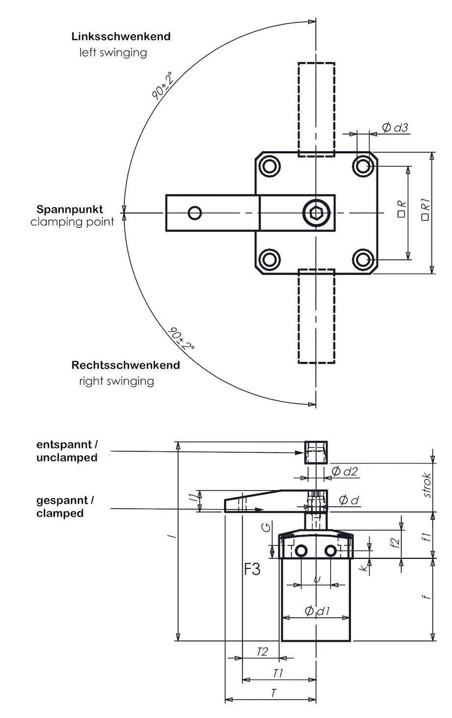P21 Technical Drawing Swing clamp, pneumatic, flange-mounting version