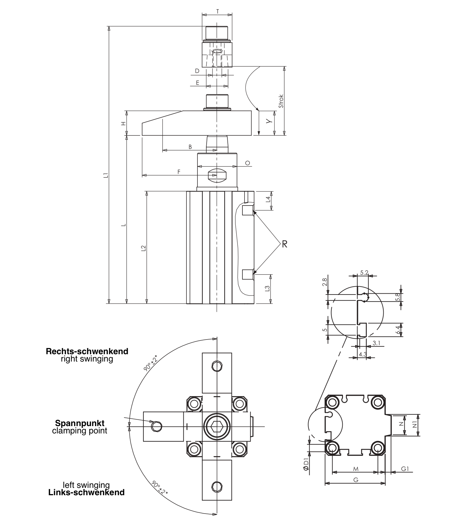 P22 Technische Zeichnung Pneumatischer Schwenkspanner mit Schweissschutz