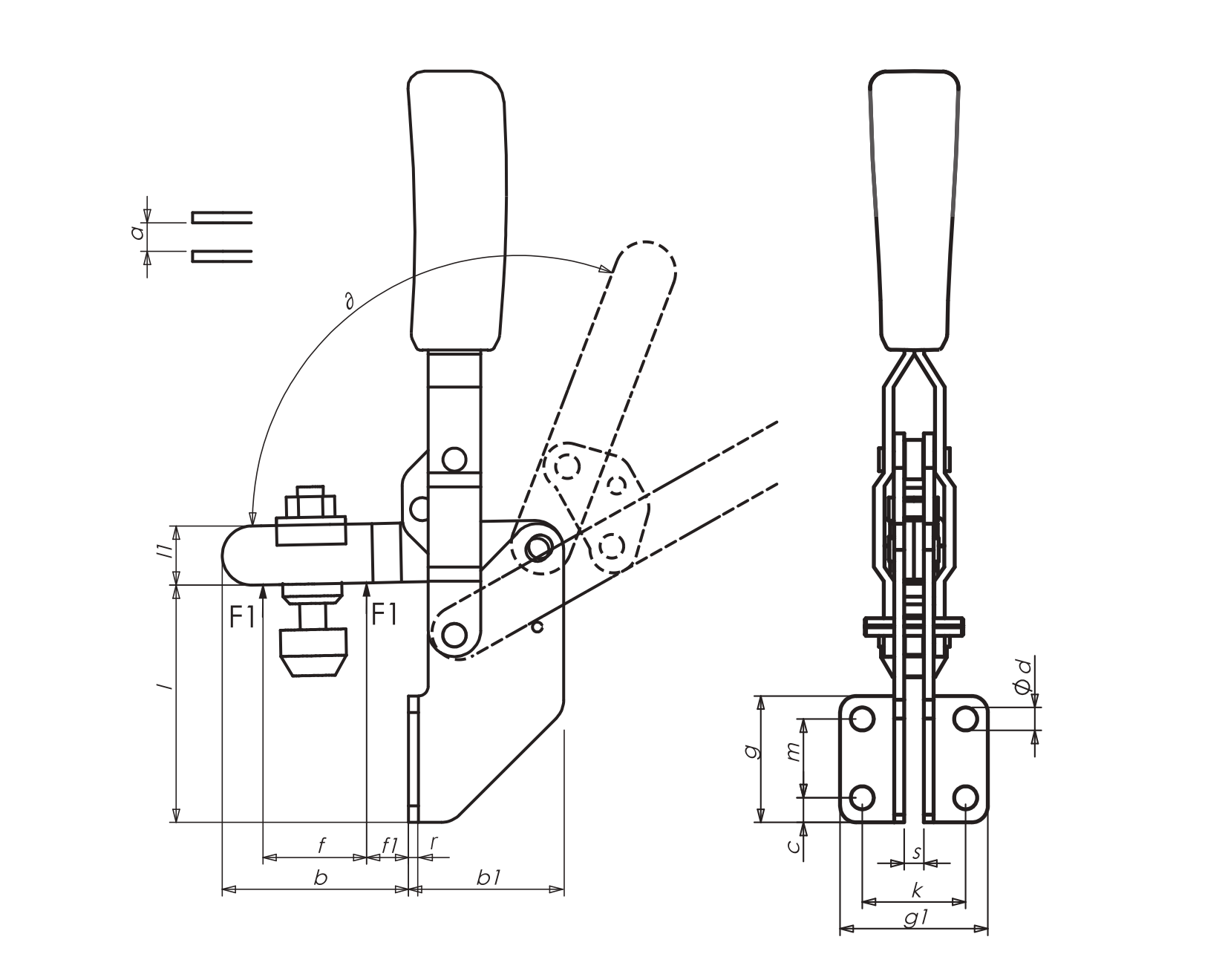 M12 Vertical toggle clamp with anglel base and open clamping arm Drawing and Datasheet 