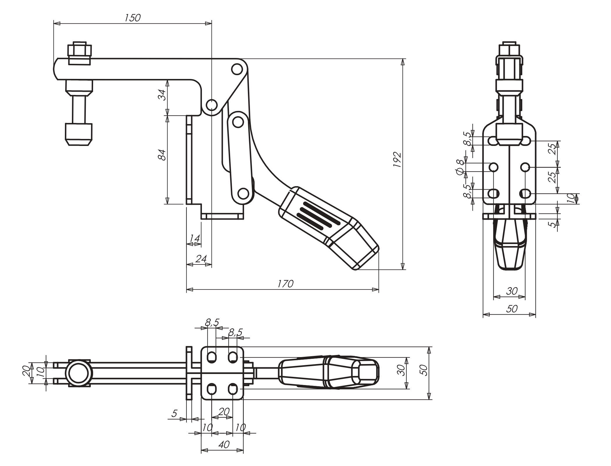 M25 Technical Drawing/Dimension table Horizontal toggle clamp with angle base and open clamping arm