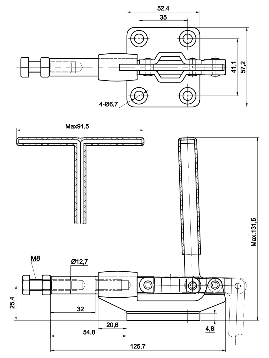 DST-305-CMT Technische Zeichung Schubstangenspanner T-Handgriff