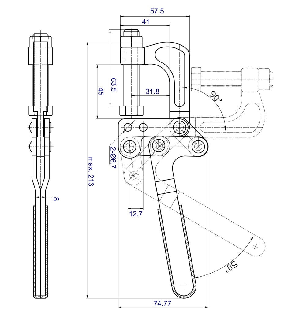 DST-80325 Technische Zeichnung Zugspanner mit senkrechtem Fuss und Haltekraft 3400N