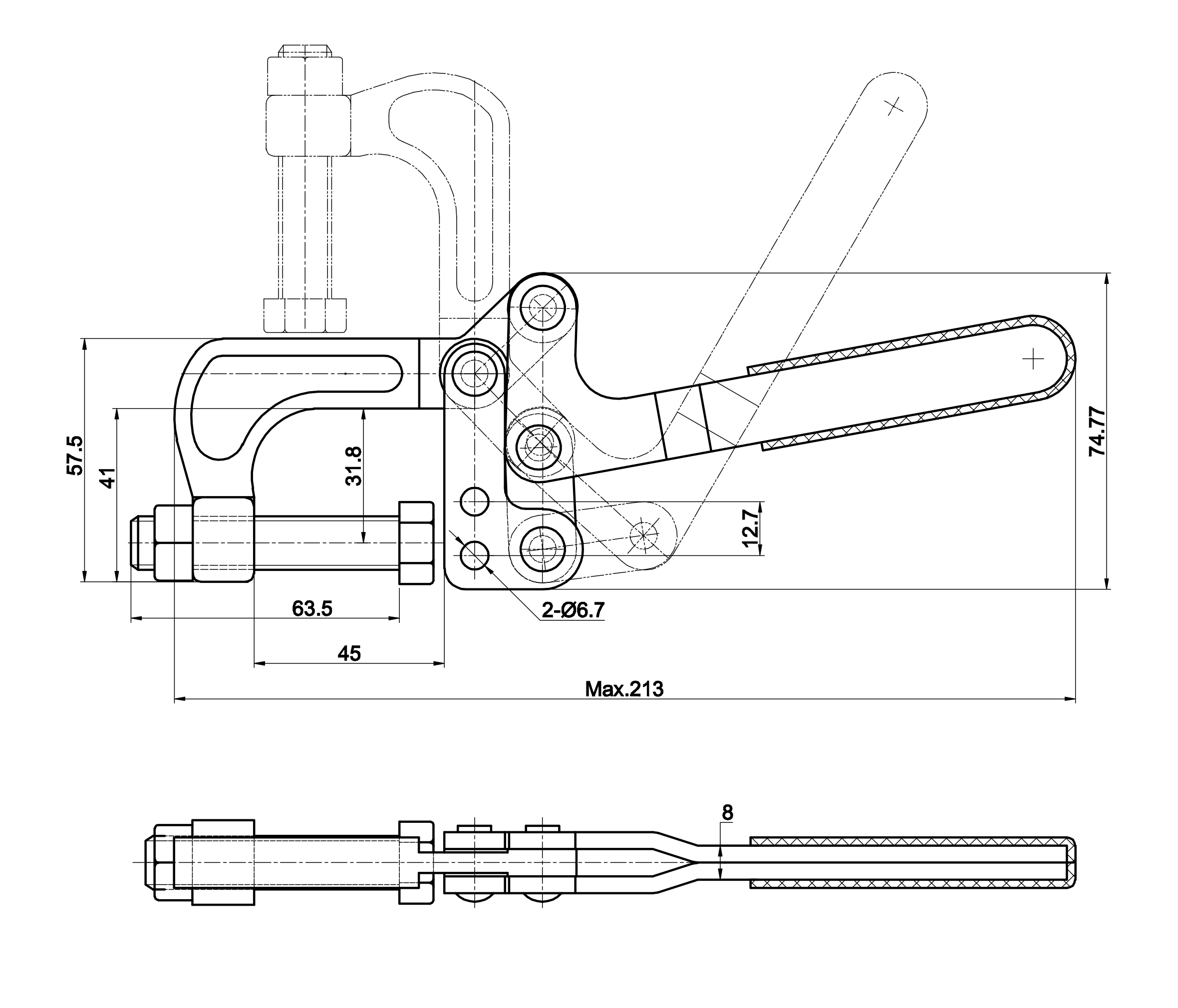 DST-80325 Technische Zeichnung Zugspanner mit senkrechtem Fuss und Haltekraft 3400N