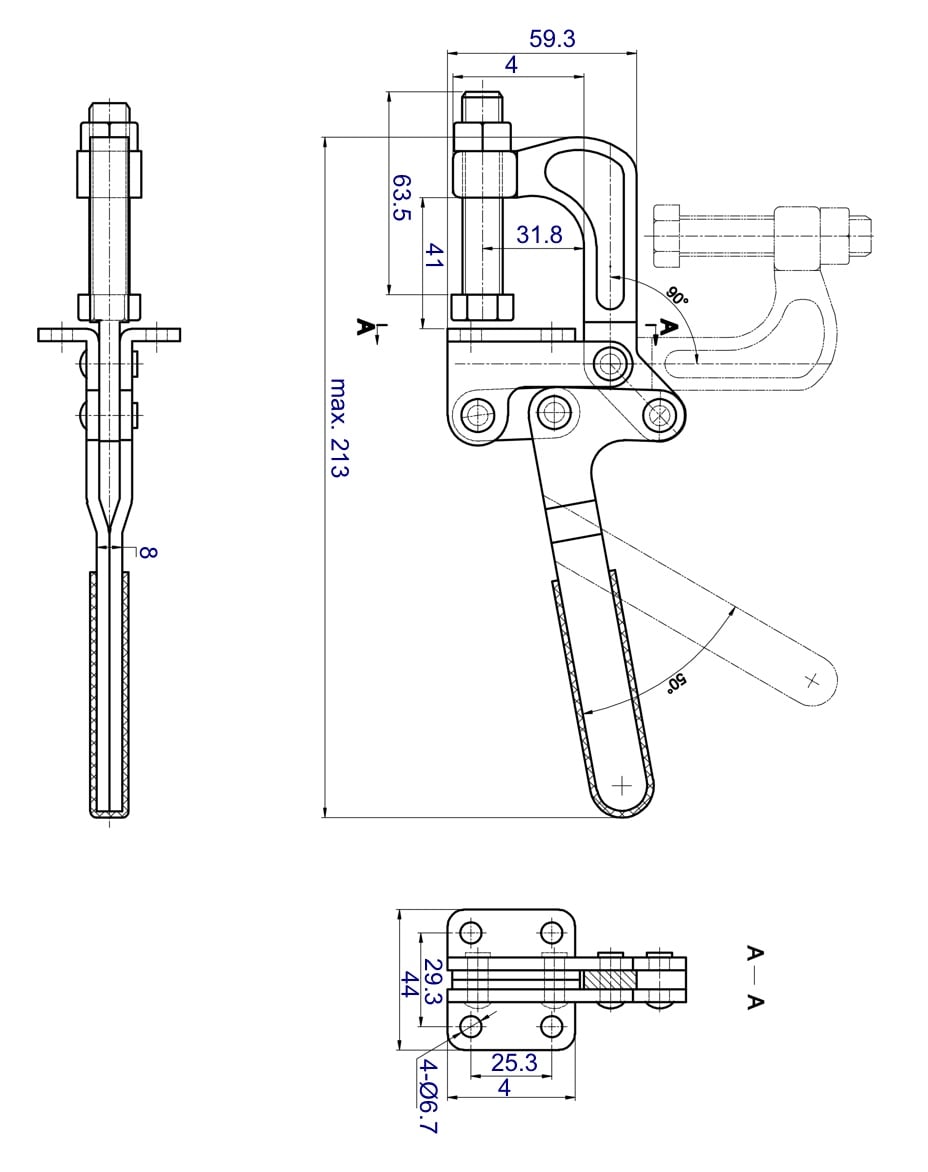 DST-80325 Technische Zeichnung Zugspanner mit waagrechtem Fuss und Haltekraft 3400N
