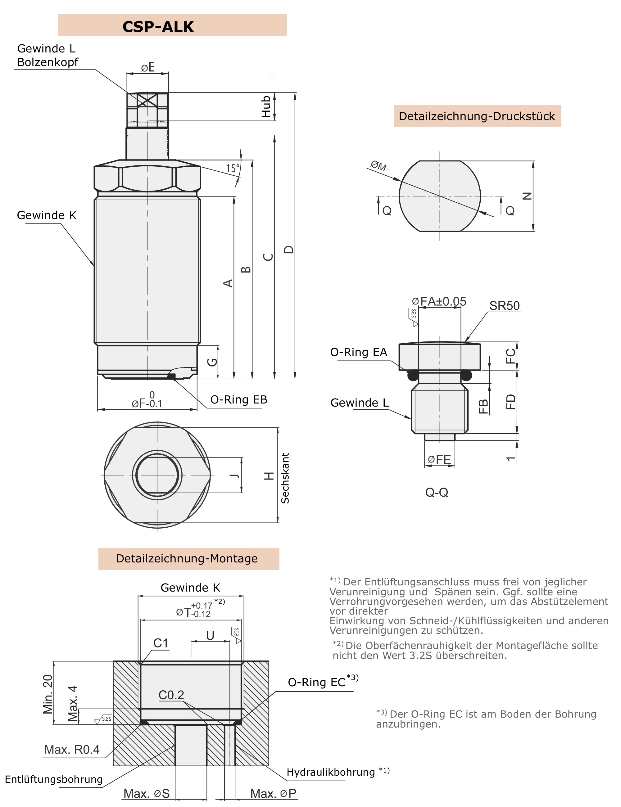 CSP-ALK Technische Zeichnung Hydraulisches Abstützelement für Niederdruck, 70 bar