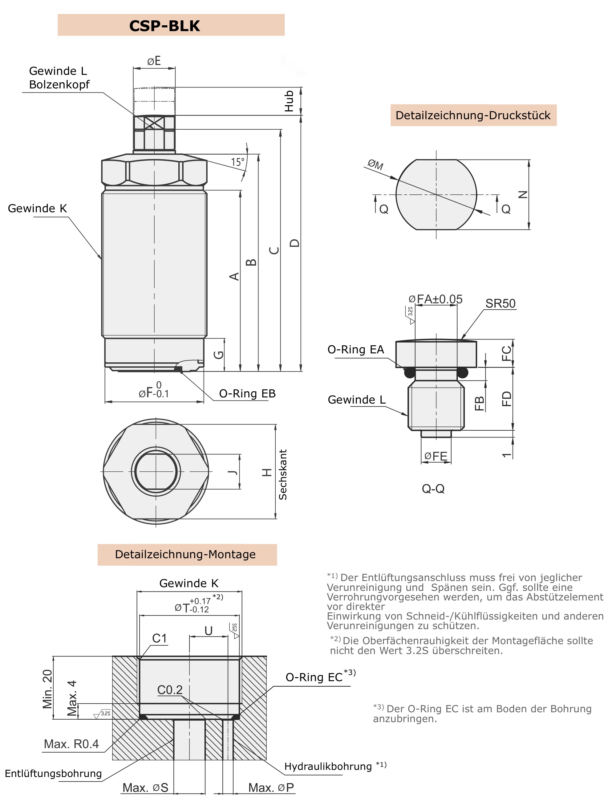 CSP-BLK Technische Zeichnung Hydraulisches Abstützelement für Niederdruck, 70 bar