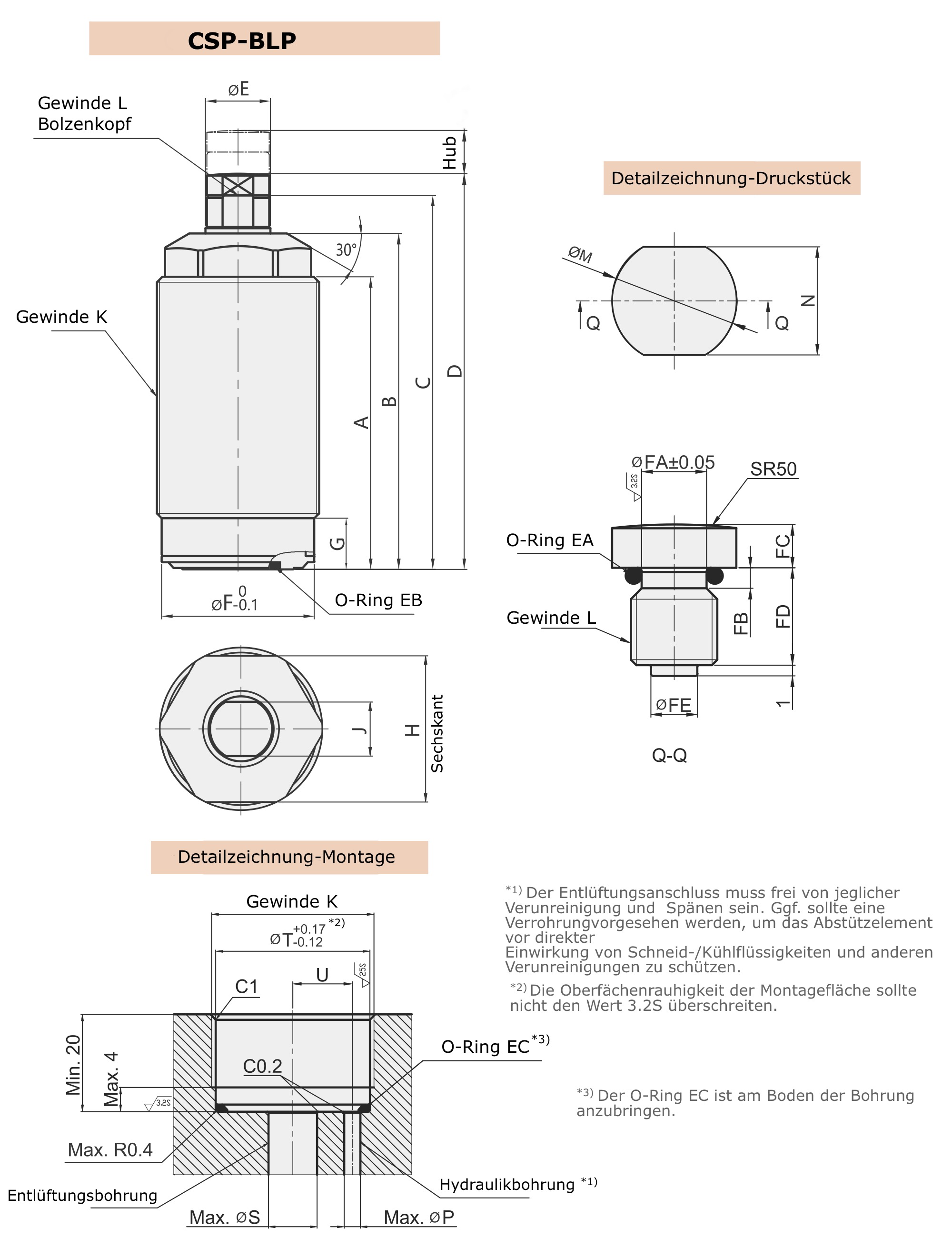 CSP-BLP Technische Zeichnung Hydraulisches Abstützelement für Niederdruck, 70 bar