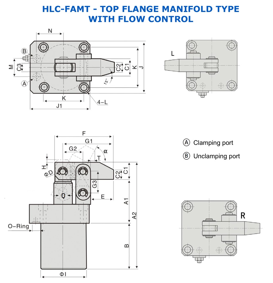 HLC-FAMT Hydraulic Link Clamp Top Flange Manifold Type Technical Drawing