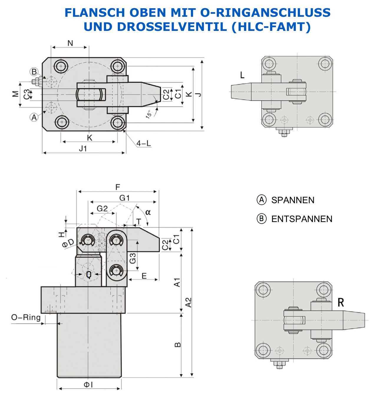 HLC-FAMT Hydraulischer Hebelspanner Flansch oben mit O-Ringanschluss und Drosselventil