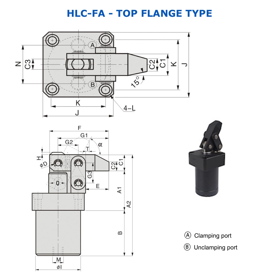 HLC-FA Hydraulic Link Clamp Top Flanged Type Technical Drawing