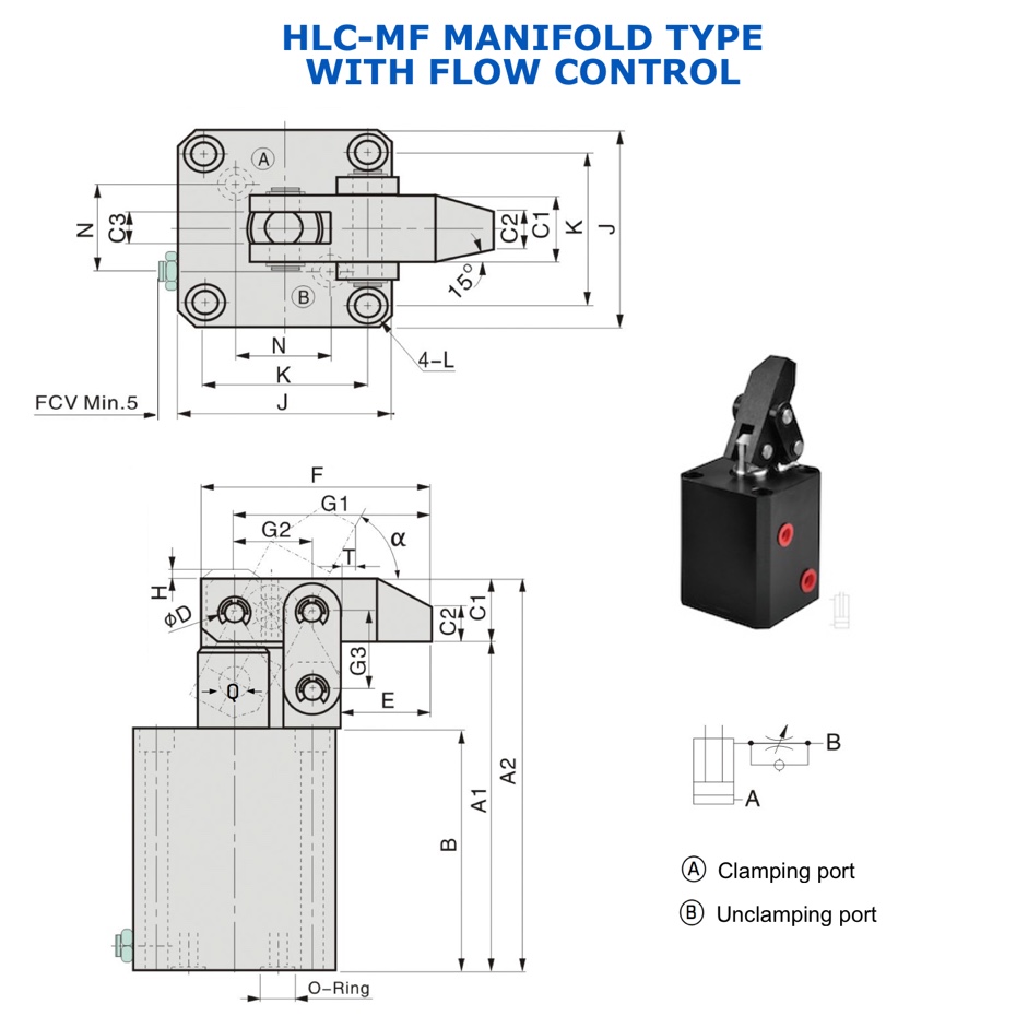 HLC-MF Hydraulic Link Clamp Manifold Type with Flow Control Technical Drawing