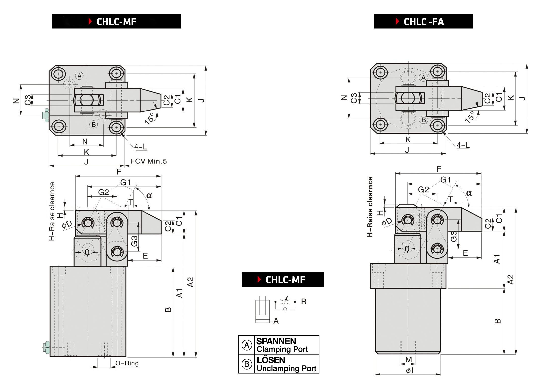 HLC-MF Hydraulic Link Clamp Manifold Type with Flow Control and Top flanged Type Technical Drawing