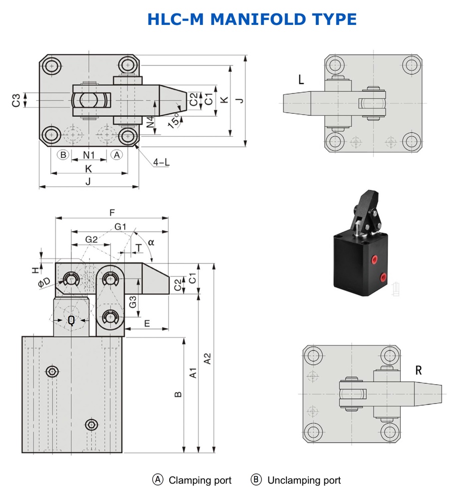 HLC M Hydraulic Link Clamp Manifold Type Technical Drawing