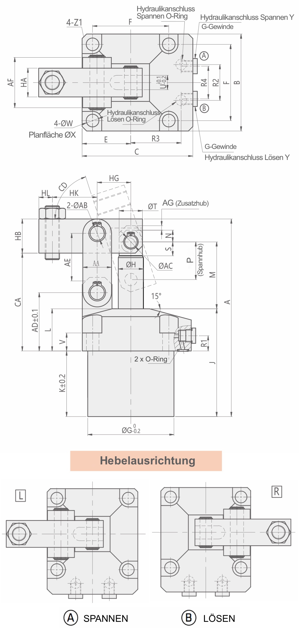 HLKP Hydraulischer Hebelspanner Technische Zeichnung