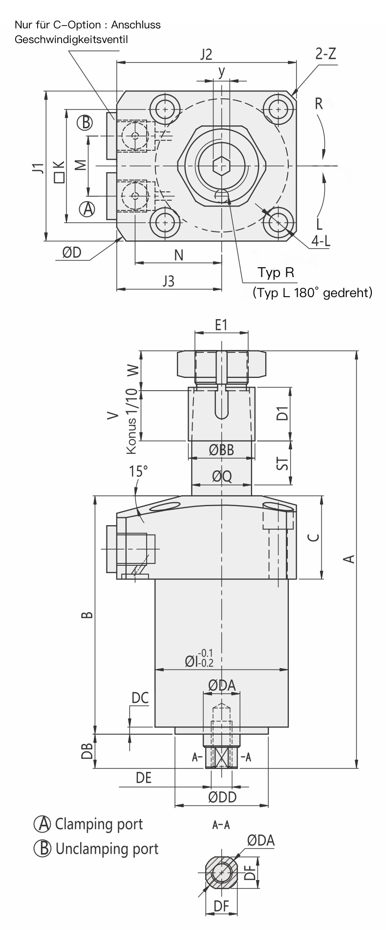 HCA-D Hydraulischer Schwenkspannzylinder mit durchgehender Kolbenstange für eine Endlagenabfrage