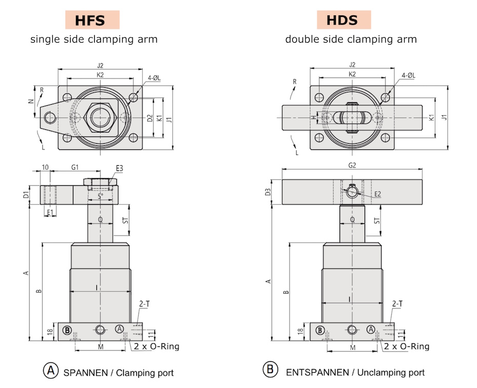HFS Technical Drawing  Hydraulic Swing Clamp Flanged Type