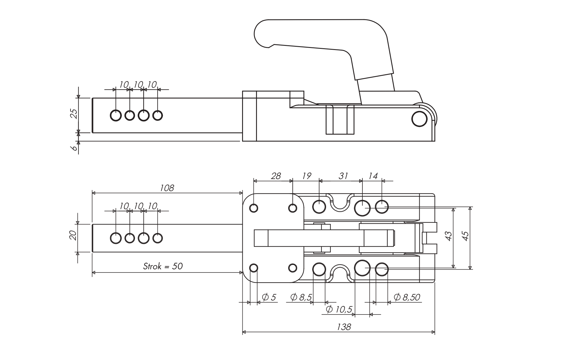 M66K Technische Zeichnung Schwerer Schubstangenspanner mit quadratischer schubstange