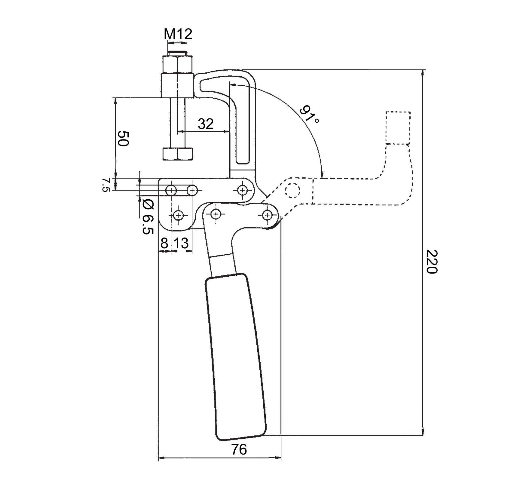 Technical drawing M70 Pull Back Toggle Clamp vertical base 4000N