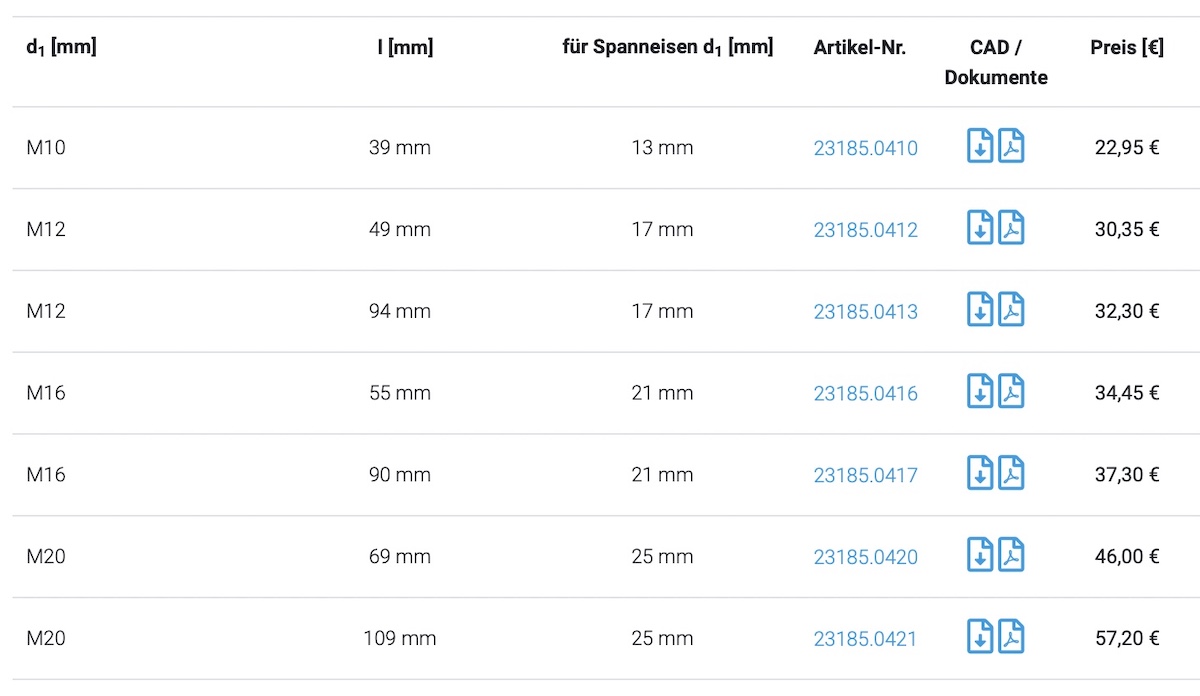 Bestelltabelle Stützverlängerungen für Spanneisen gezahnt mit verstellbarem Gegenstück