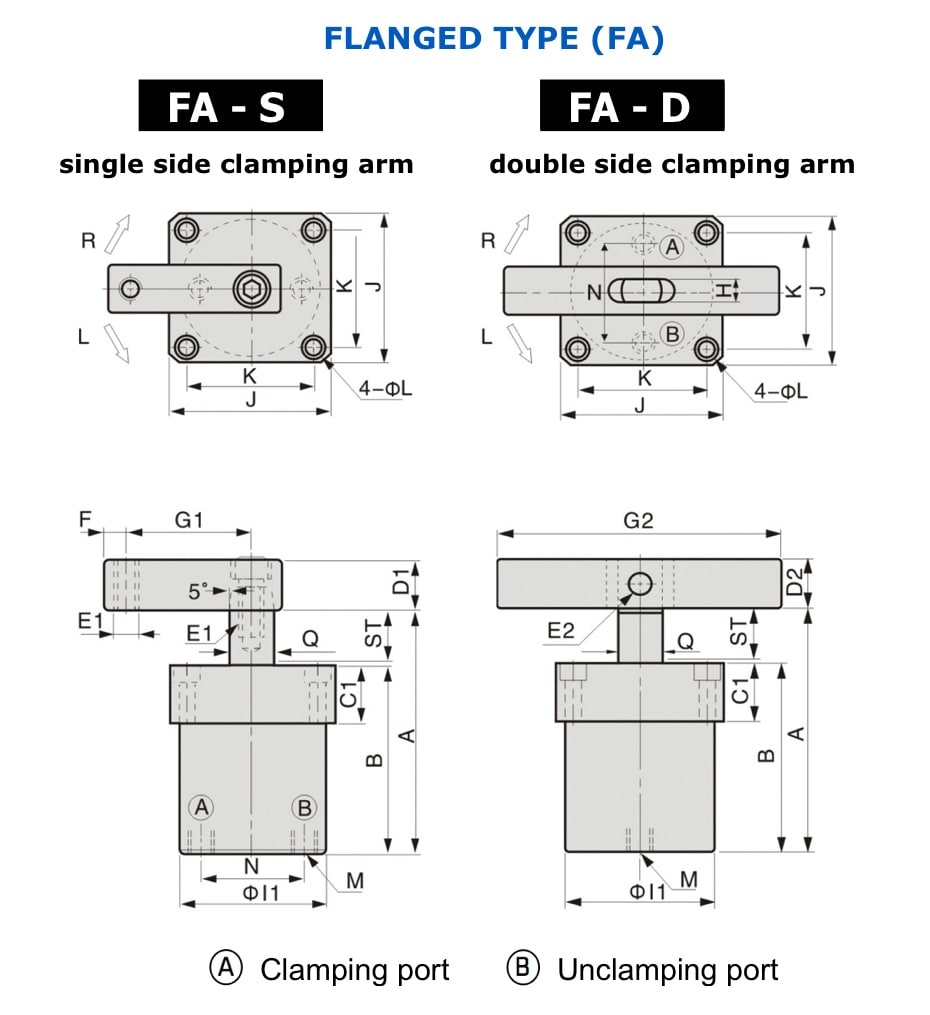 ASC Technical Drawing pneumatic swing clamp flanged type
