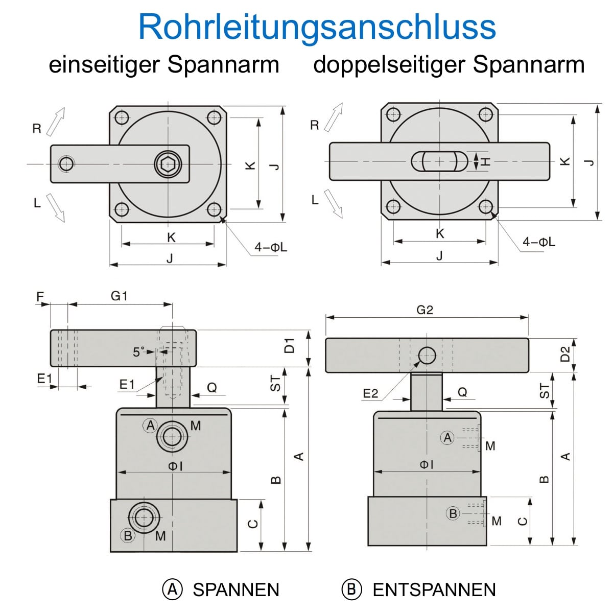 ASC Technische Zeichnung Pneumatischer Schwenkspanner Rohrleitungsanschluss