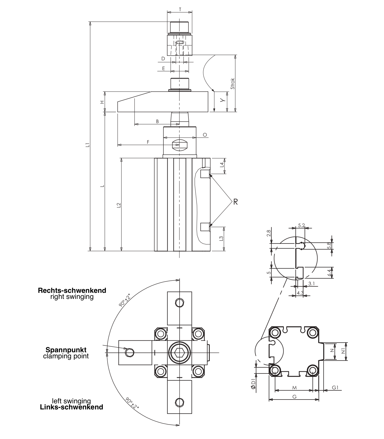 P22 Technical Drawing Swing Clamp with welding protection, pneumatic