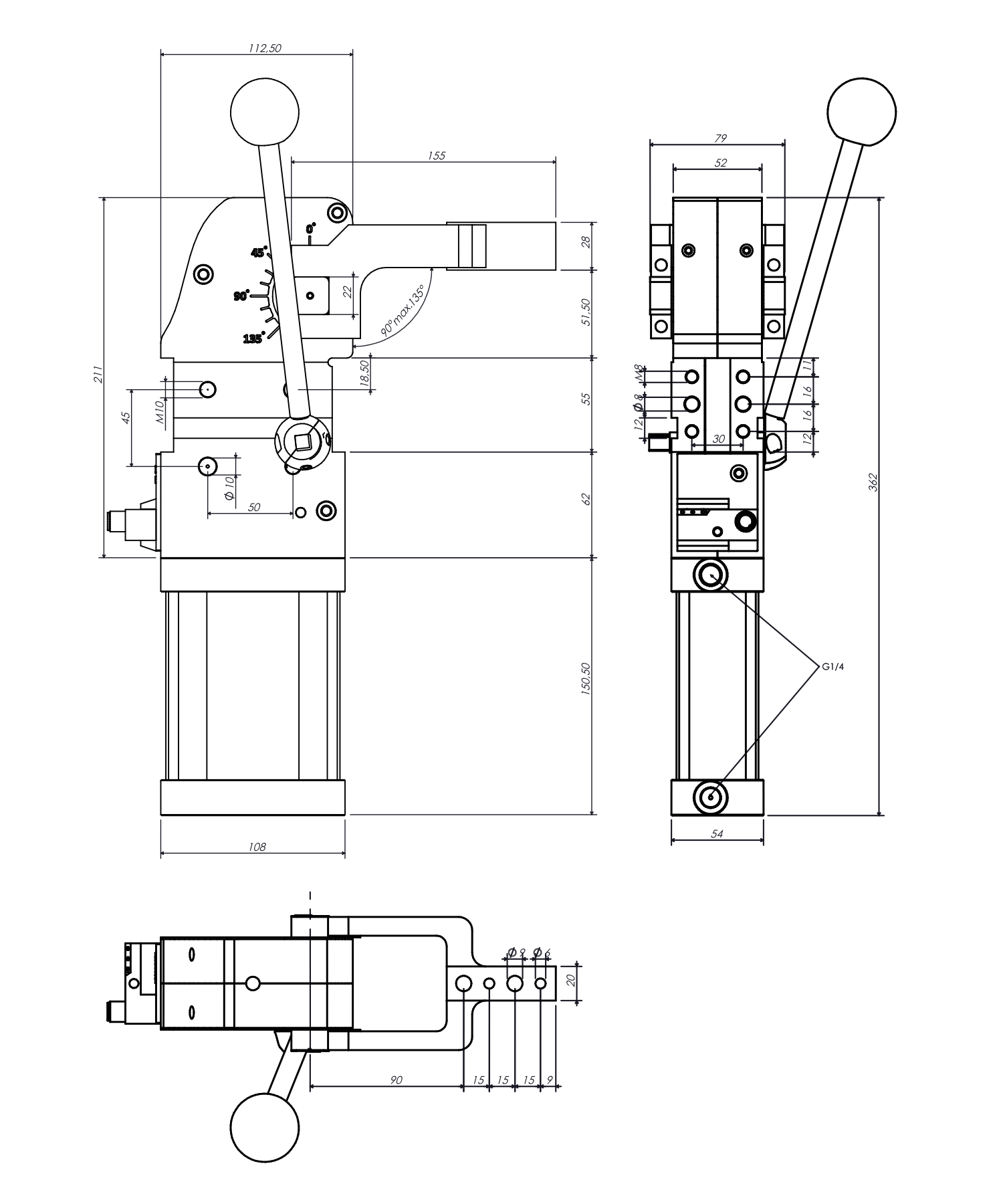 P32M-63 Technische Zeichnung Automations-Kraftspanner mit Handhebel