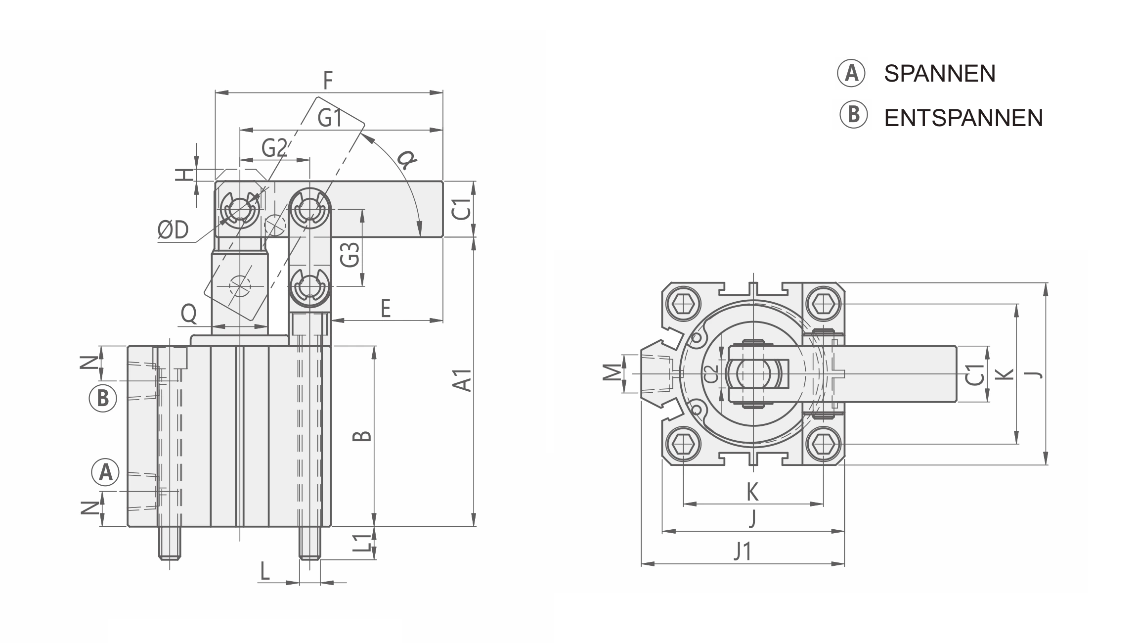 PLP Technische Zeichnung Pneumatischer Hebelspanner