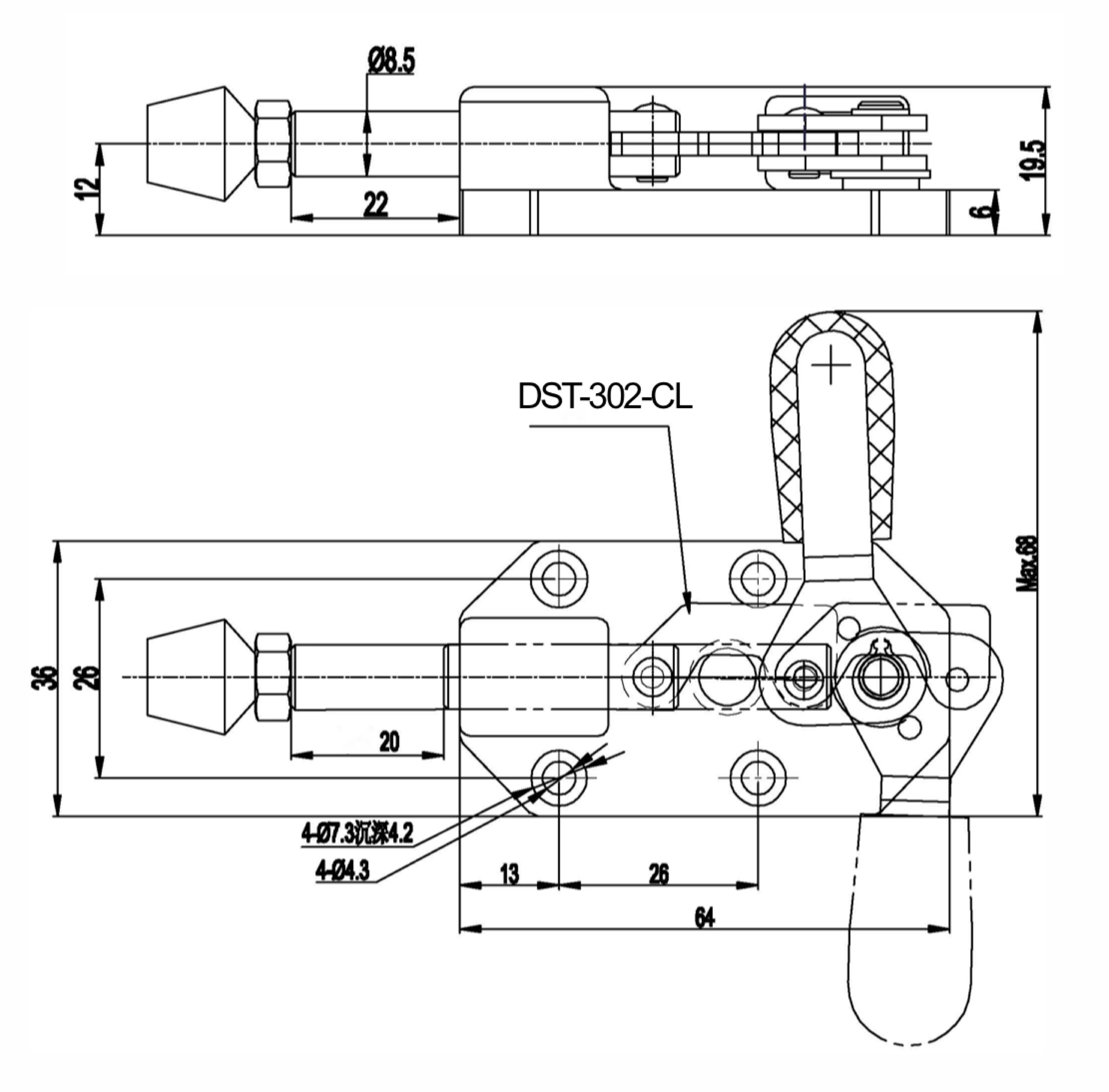 DST-302-CR Technische Zeichnung Mini-Schubstangenspanner flache Bauform 820N