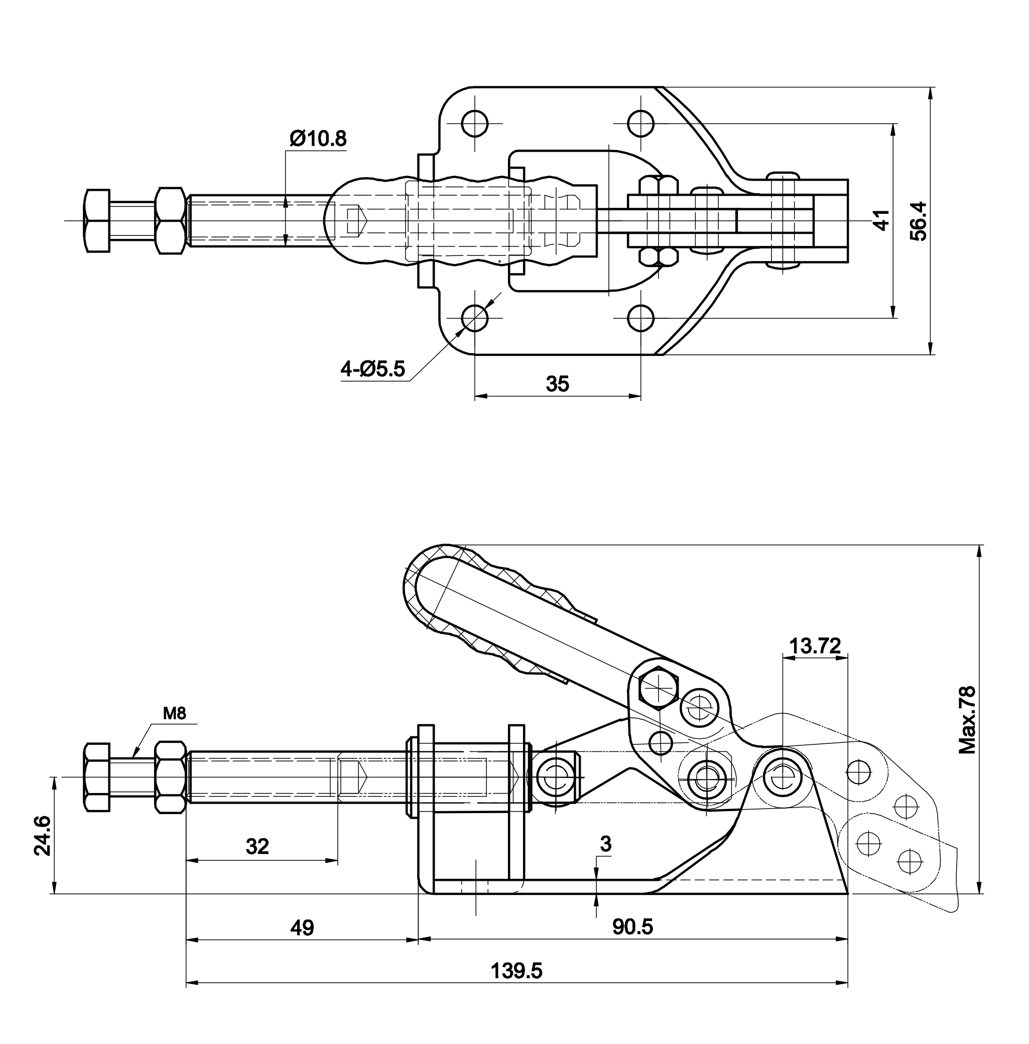 DST-302-FMSS Datenblatt Mini Schubstangenspanner mit waagrechter Konsole aus EDELSTAHL 1360N