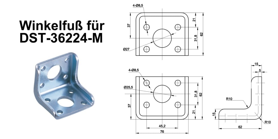 DST-36224-M Montagewinkel-Winkelfuss für Schubstangenspanner Einbauversion bzw. Einschraubversion