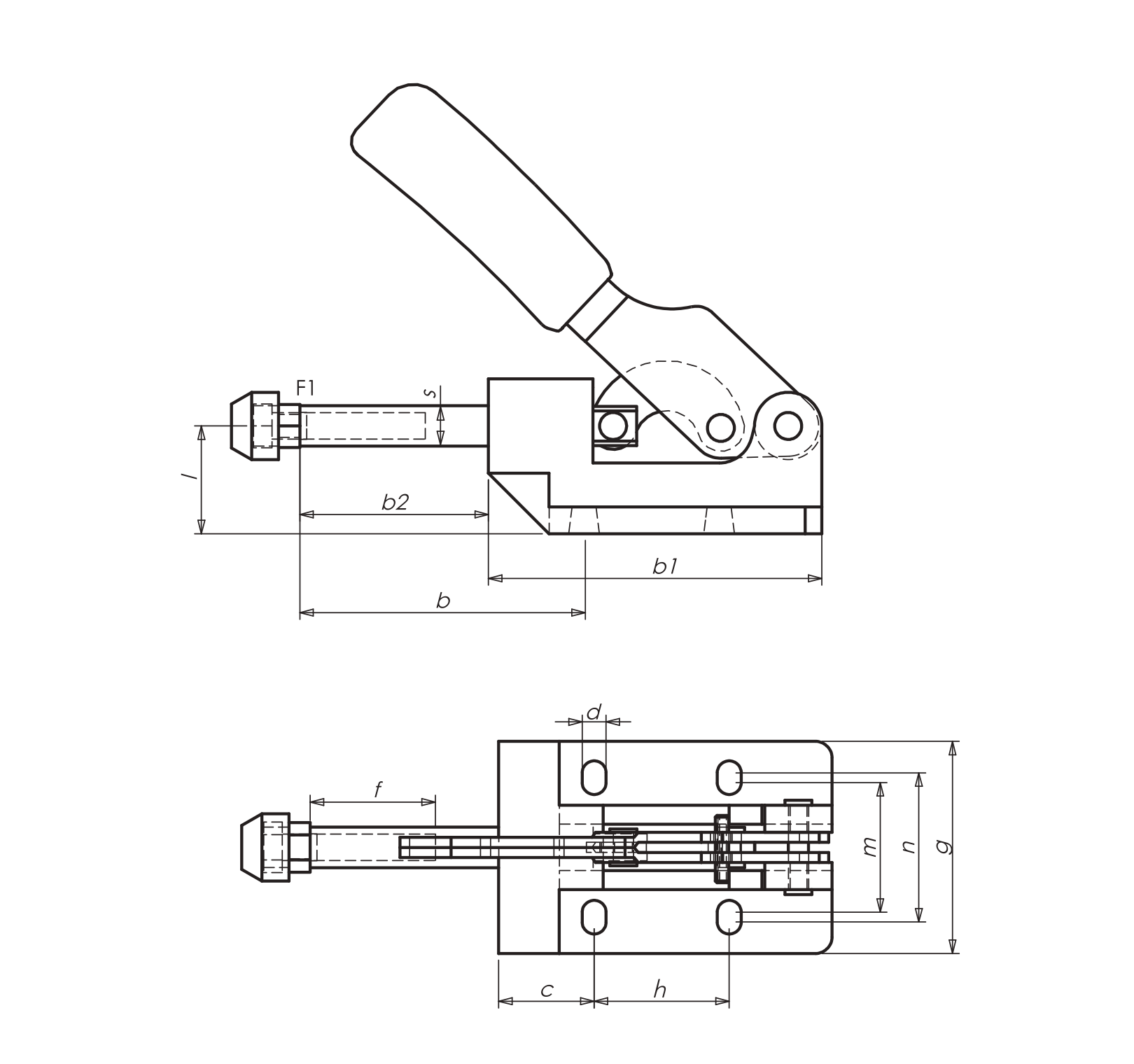 M64 Technical Drawing Heavy duty push-pull type toggle clamp with malleable cast iron, varnished body