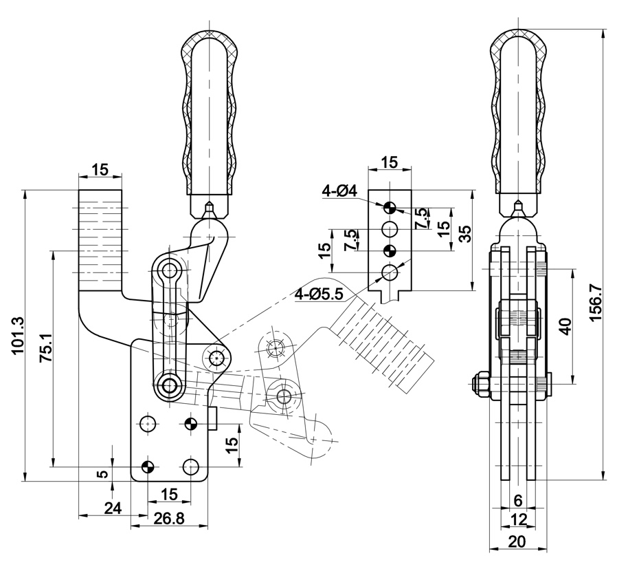 CH -0200B Technische Zeichnung Schnellspanner vertikal schwere Ausführung mit senkrechtem Fuss 2500N