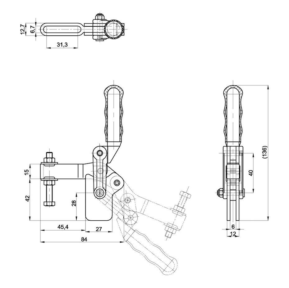 CH-70320 Technische Zeichnung Schnellspanner vertikal schwere Ausführung mit senkrechtem Fuss 3000N