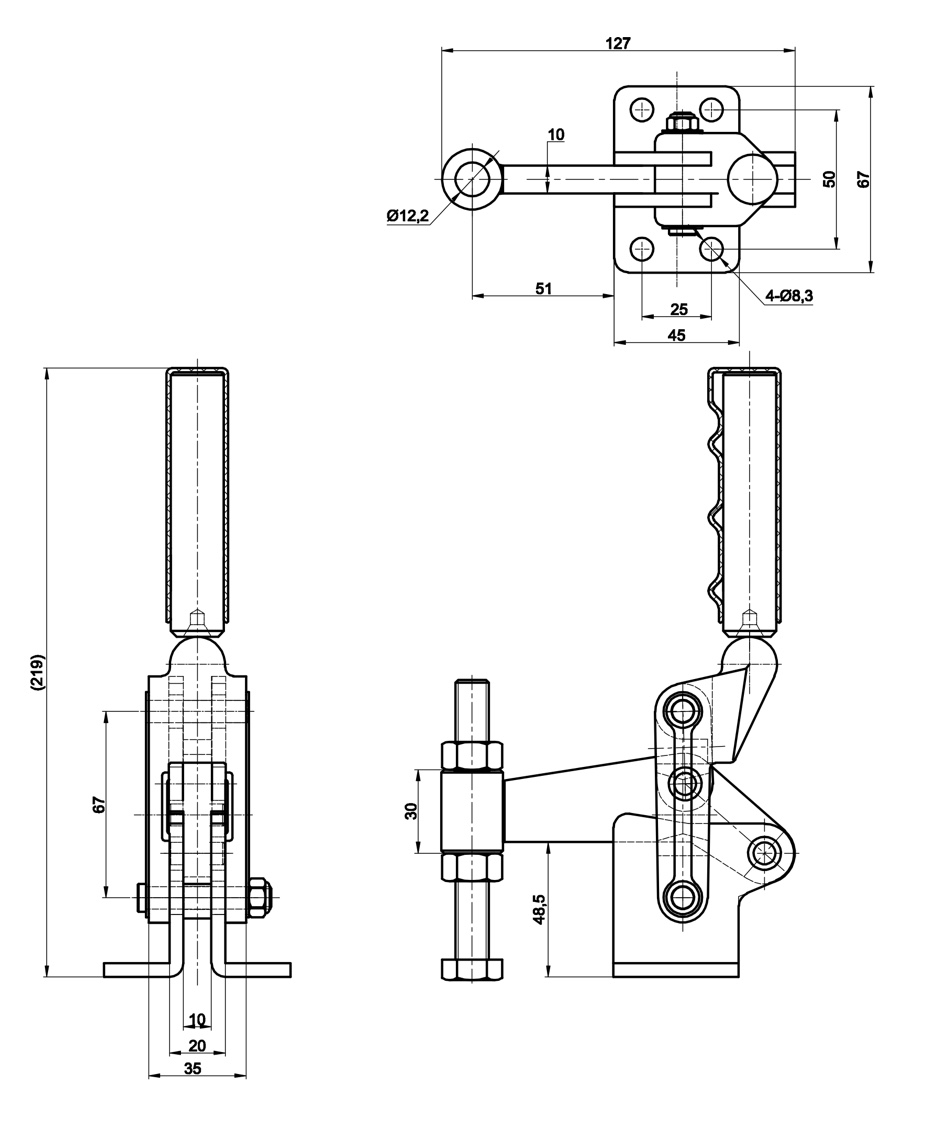 CH-70725 Technische Zeichnung Schnellspanner vertikal schwere Ausführung mit waagrechtem Fuss 7000N