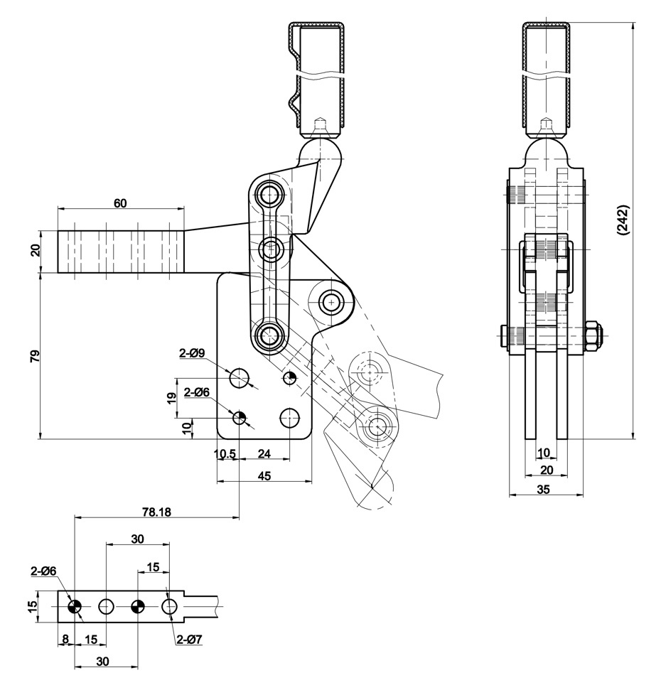 CH-70730A Technische Zeichnung Schnellspanner vertikal schwere Ausführung mit senkrechtem Fuss 7000N