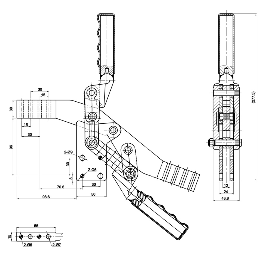 CH-71230A Technische Zeichnung Schnellspanner vertikal schwere Ausführung mit senkrechtem Fuss 12000N