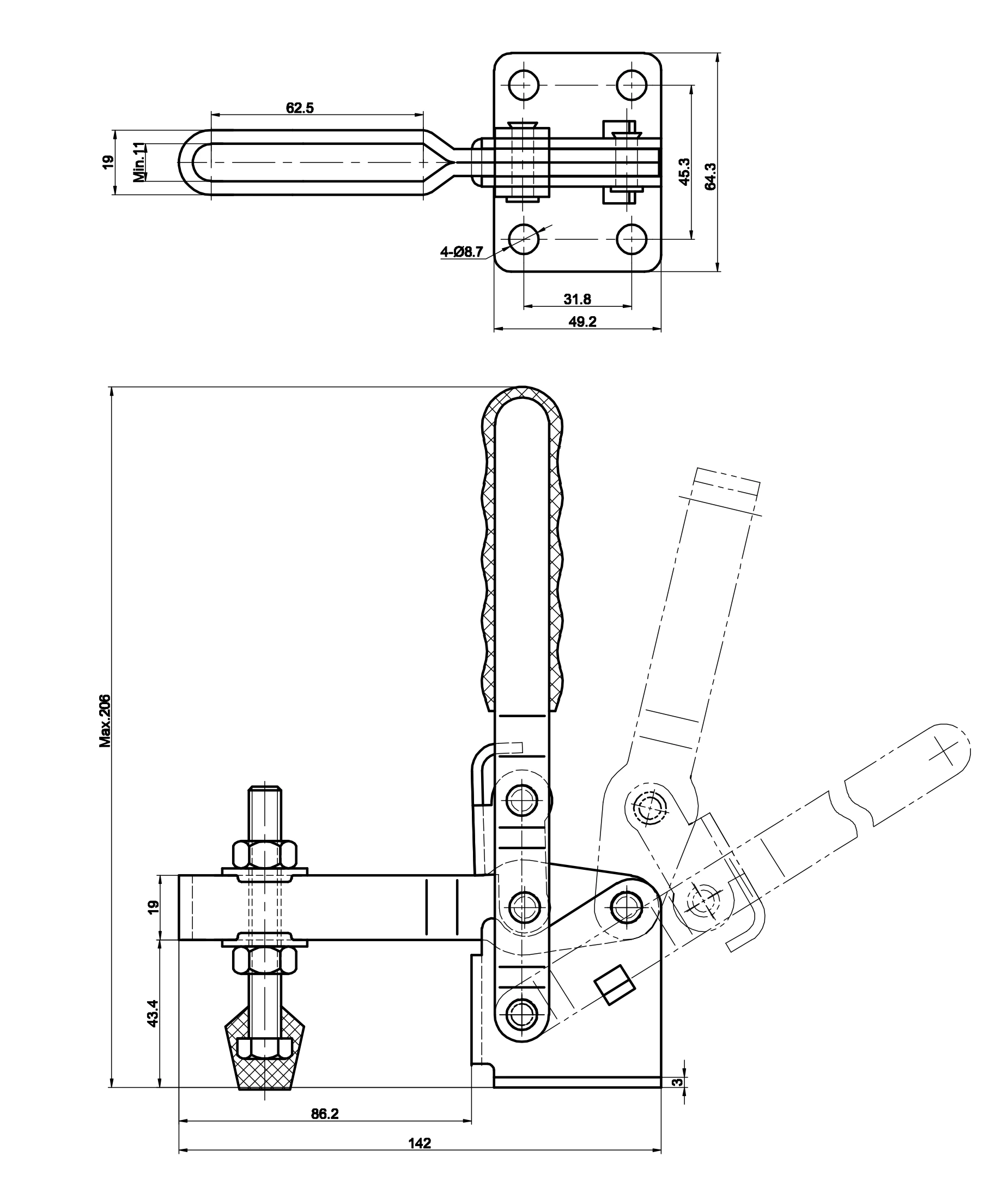 DST-12265-SS Datasheet Vertical acting toggle clamp with horizontal mounting base - STAINLESS STEEL