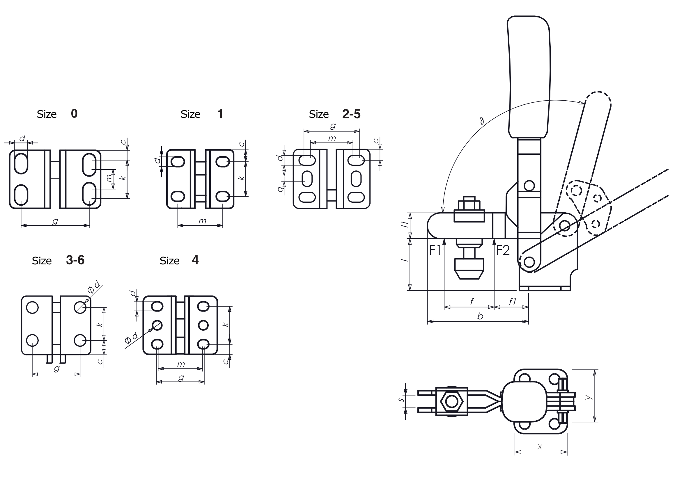 M10 Vertical toggle clamp with horizontal base and open clamping arm drawing and datasheet