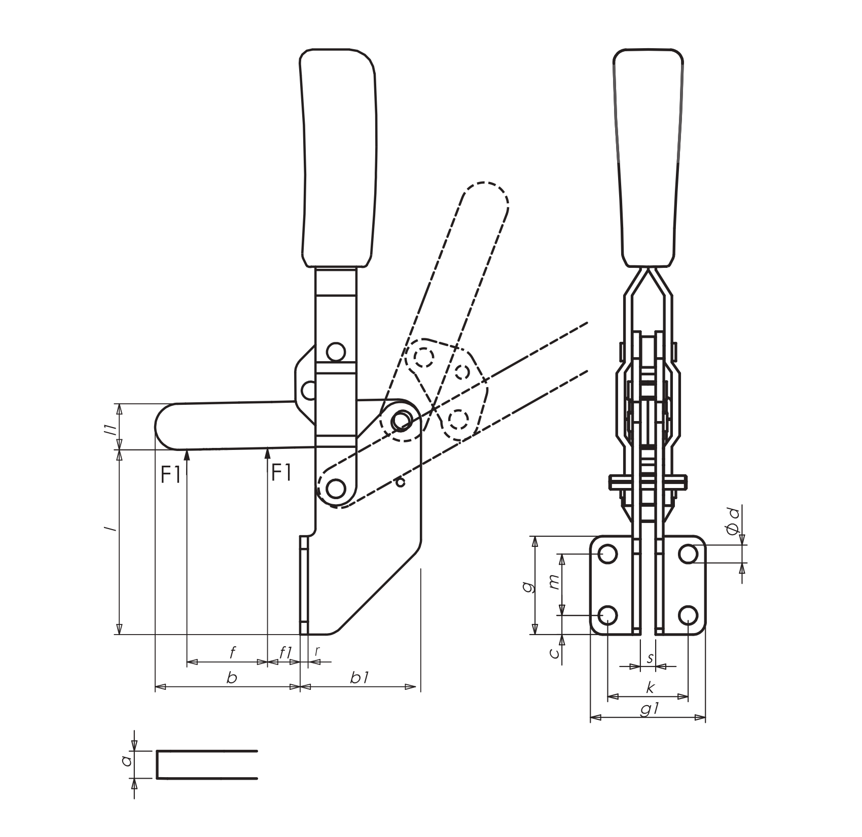 M12L Vertical toggle clamp with angle base and solid clamping arm drawing and datasheet