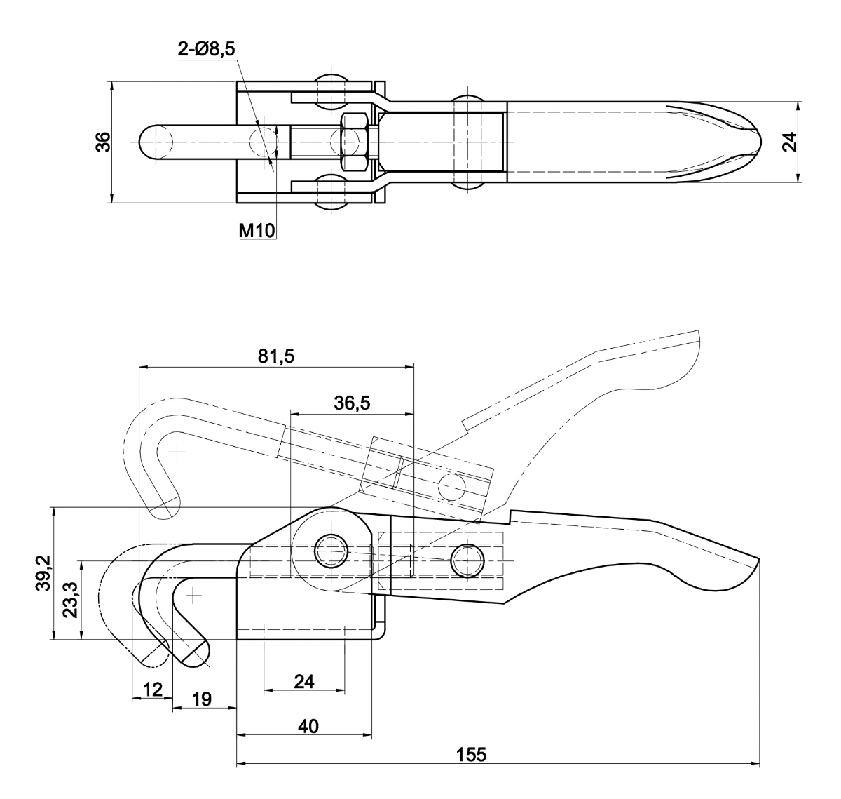 DST-43150 Technische Zeichnung Spannhakenverschluss-Spannverschluss einstellbar mit Schraubverstellung 30000N