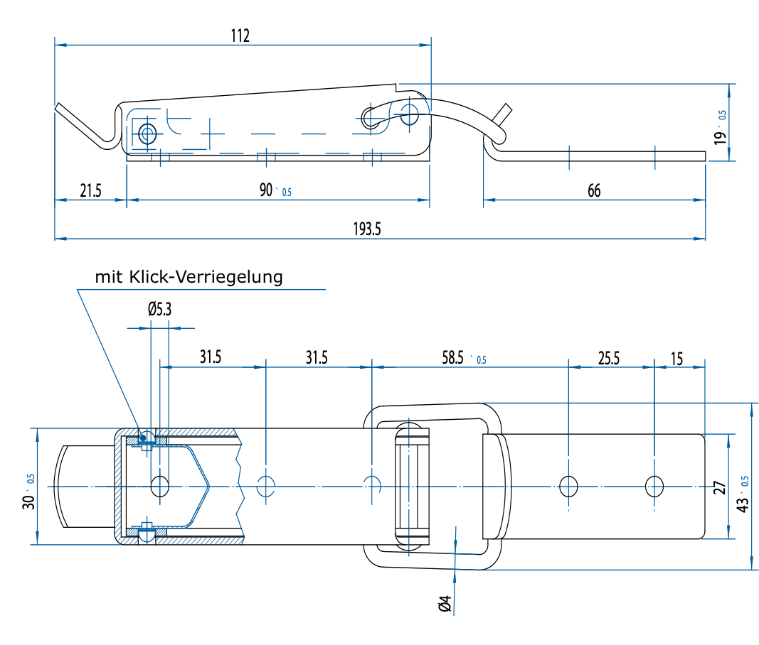 M520040 Technische Zeichung Spannverschluss mit Klick-Verriegelung Stahl und Edelstahl