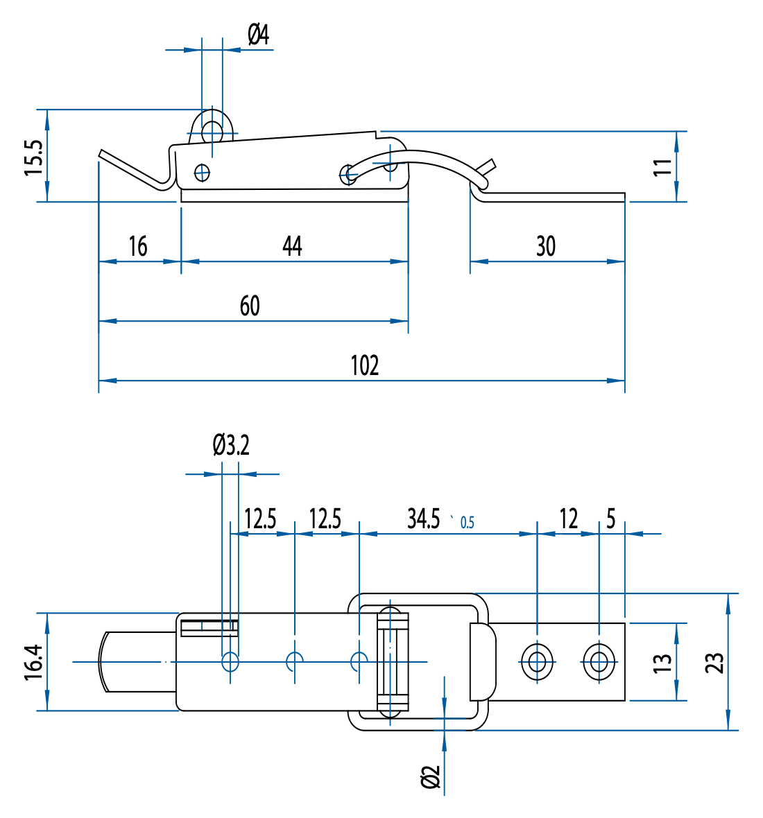 M520301 Technische Zeichung Spannverschluss mit Schlossöse Stahl und Edelstahl