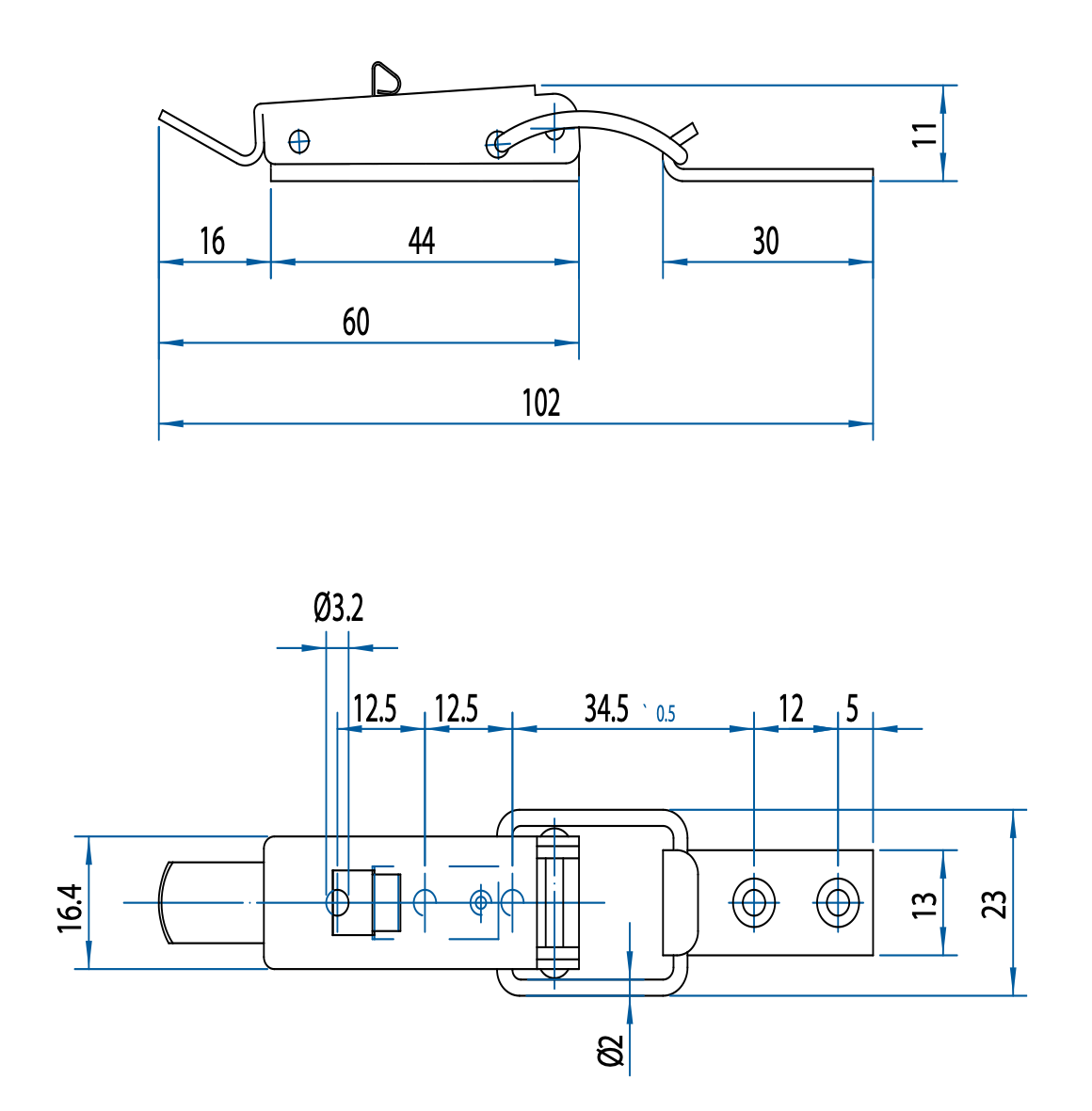 M520302 Technische Zeichung Spannverschluss mit Federsicherung Stahl und Edelstahl