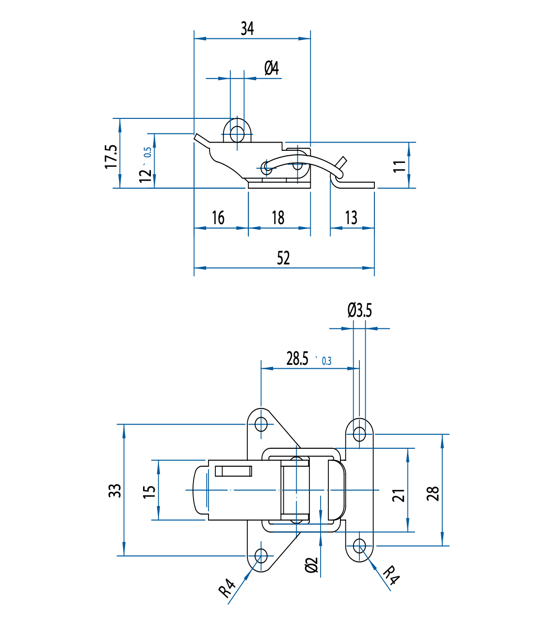 M520401 Technische Zeichnung Spannverschluss mit Drahtbügel und SchlossöseStahl und Edelstahl 550N