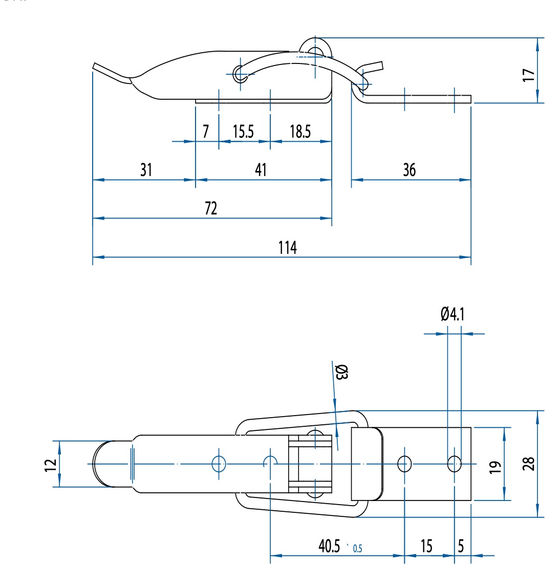 M520601 Technische Zeichung Spannverschluss mit Schlossöse Stahl und Edelstahl