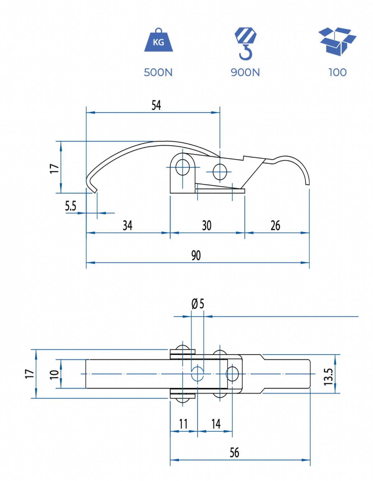 M520800 Technische Zeichung Spannverschluss mit Federbügel Stahl und Edelstahl