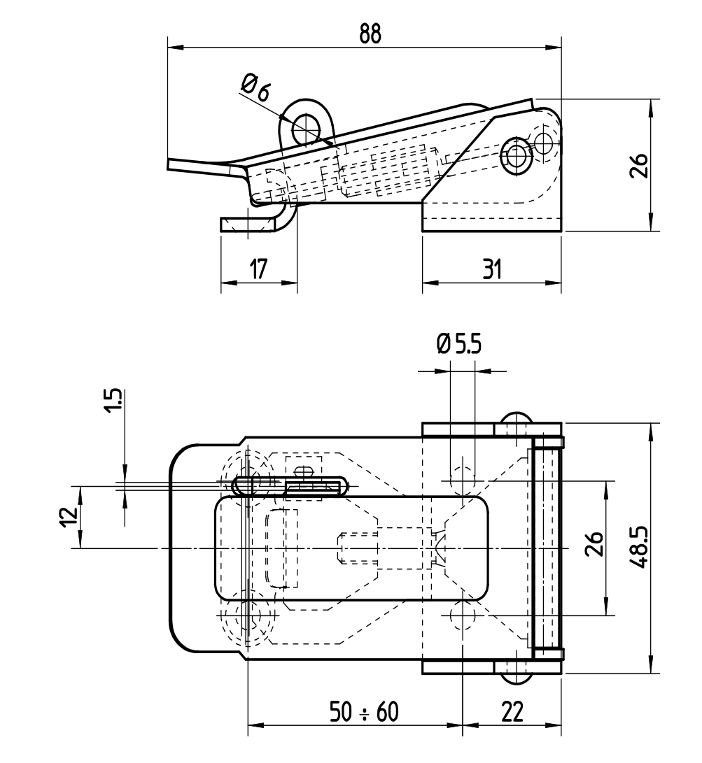 M521801 Technische Zeichung Spannverschluss mit Federsicherung 1500N