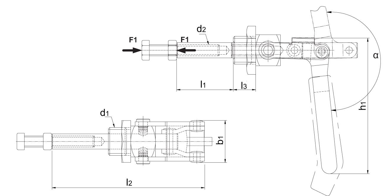 Technische Zeichung Schubstangenspanner Einbauversion, ohne Fuss (ohne Konsole)